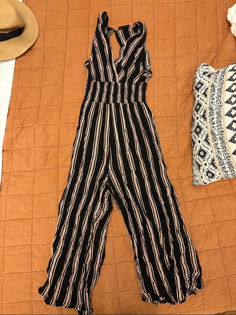 Vici Black Jumpsuit with Beige Vertical Stripes - cropped - side cutouts